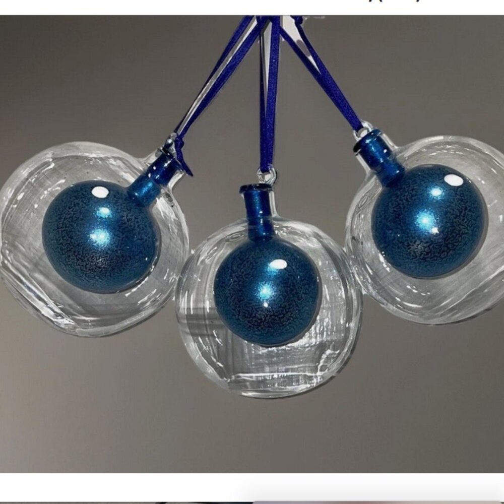 Hand Blown Glass Ornaments Hand Blown Double Globe Blue ~ Gorgeous Set of 3